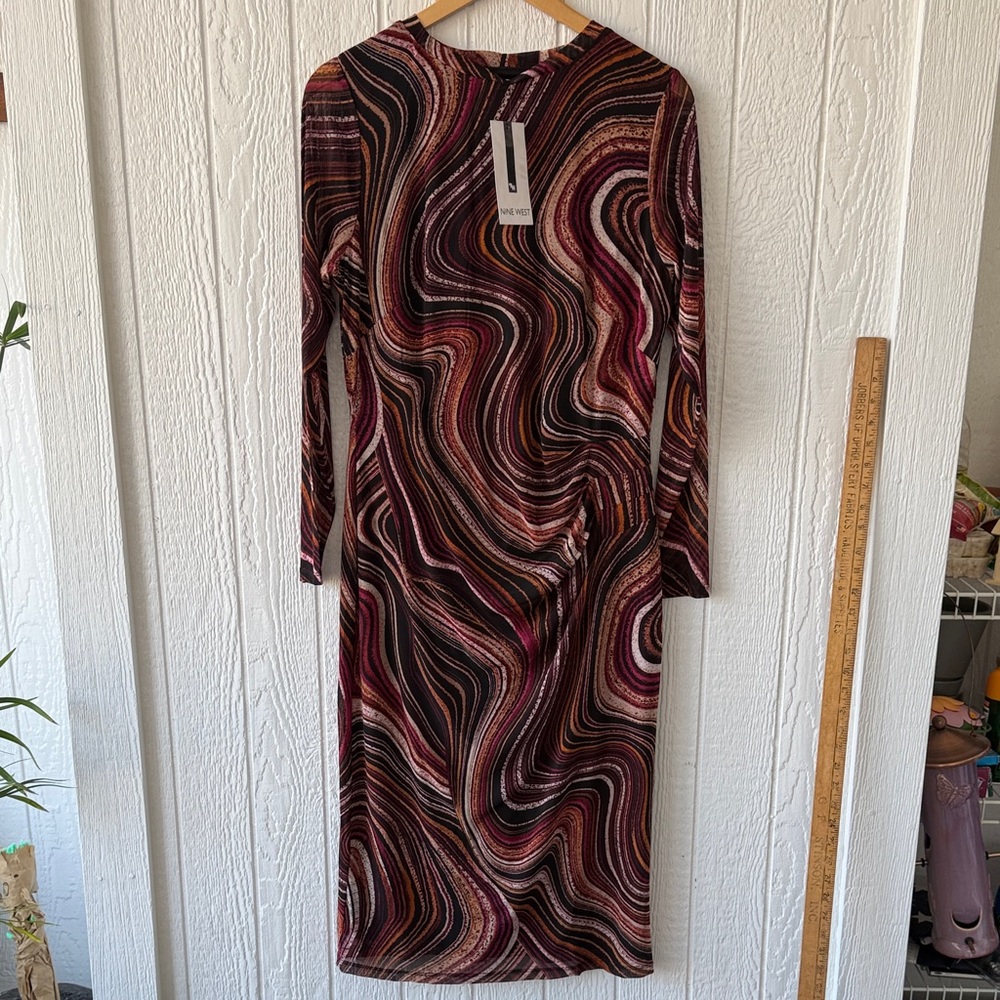 New NWT Nine West Multicolor Chianti Swirl Midi Long Sleeve Dress sz 1X